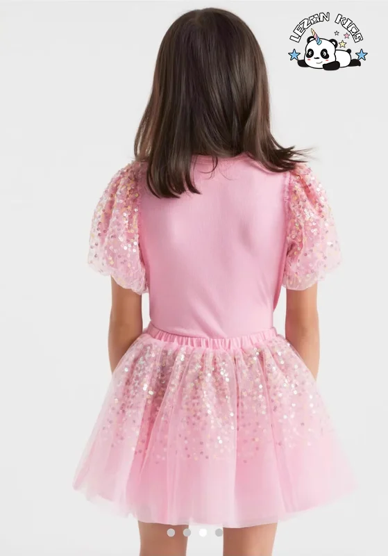LEZONKIDS - Summer Casual Two Piece Set Sequin Printed T-Shirt with Skirt Girl Clothes Girls Clothing Sets